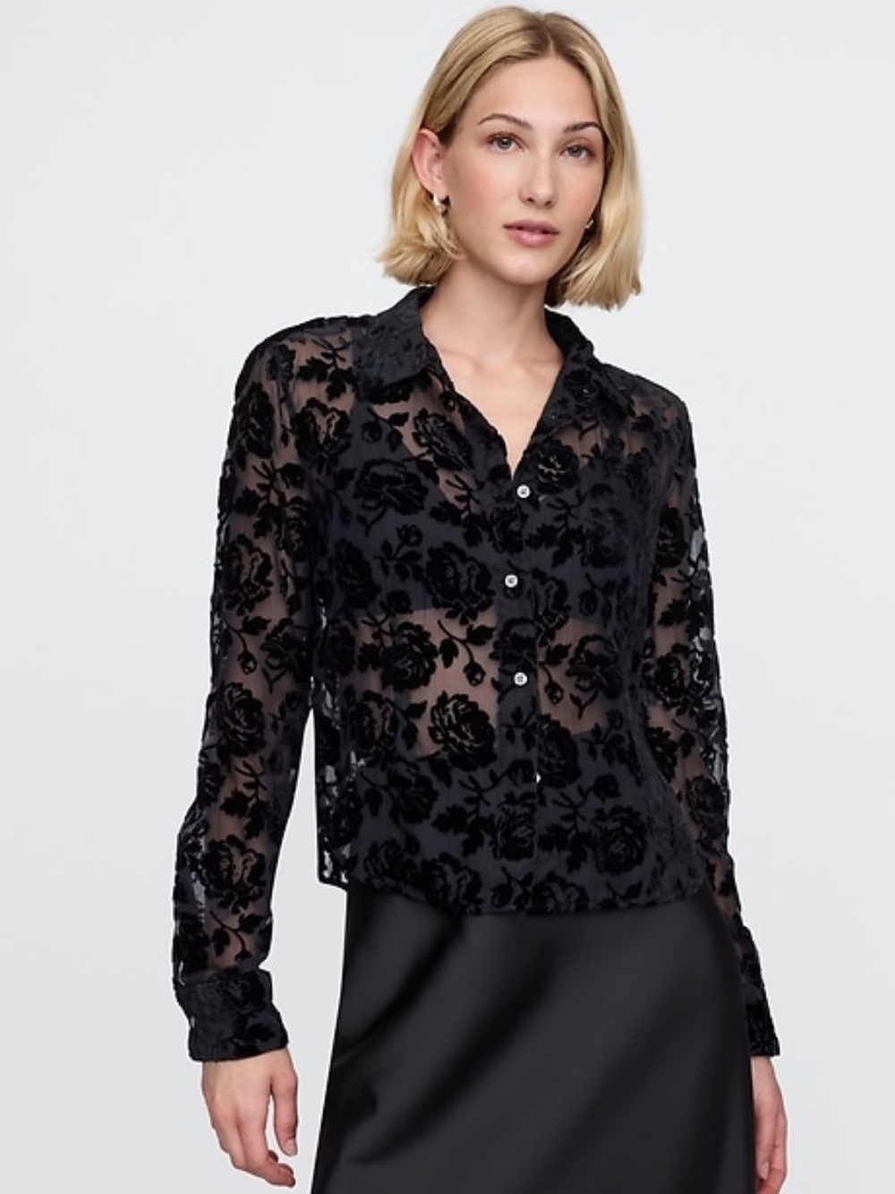 GAP Womens Black Velvet Burnout Floral Sheer Mesh Button Down Shirt Small